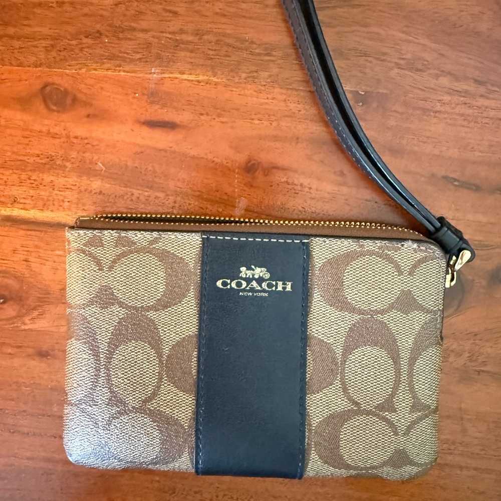 Coach Brown Signature Canvas Wristlet with Black Center Stripe